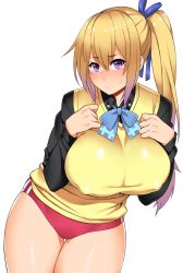 Rule 34 | 10s, 1girl, blonde hair, blush, breasts, buruma, cleavage, covered erect nipples, female focus, gradient hair, hair ribbon, highres, huge breasts, kawakami mai, large breasts, leaning forward, long hair, looking at viewer, mole, mole on thigh, mole under eye, multicolored hair, musaigen no phantom world, parted lips, ponytail, purple eyes, ribbon, school uniform, side ponytail, solo, sweater vest, thigh gap, upper body, zonda (solid air)