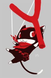Rule 34 | 10s, bad id, bad pixiv id, cat, grey background, morgana (persona 5), persona, persona 5, red eyes, slingshot (weapon), weapon