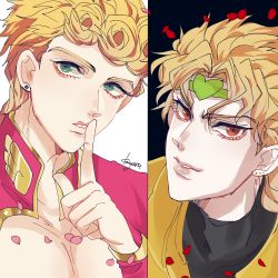 Rule 34 | 2boys, black background, blonde hair, braid, braided ponytail, dio brando, earrings, father and son, finger to mouth, giorno giovanna, green eyes, headband, highres, jacket, jewelry, jojo no kimyou na bouken, kogatarou, lips, long hair, looking at viewer, male focus, multiple boys, petals, pink jacket, red eyes, short hair, shushing, stardust crusaders, two-tone background, vampire, vento aureo, white background, wing ornament, yellow jacket
