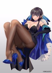 Rule 34 | 1girl, ass, bare shoulders, black dress, black hair, blue footwear, blush, breasts, capelet, choker, cleavage, clenched teeth, commission, crossed legs, dress, elbow gloves, eyebrows hidden by hair, floating, foreshortening, full body, gloves, gradient background, grey eyes, high heels, highres, hongcasso, jewelry, large breasts, long hair, looking away, necklace, original, panties, pantyhose, pantyshot, pearl necklace, plantar flexion, plunging neckline, shoe dangle, short dress, sidelocks, solo, strapless, strapless dress, teeth, thighs, underwear