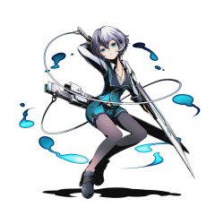 Rule 34 | 10s, 1girl, aqua eyes, aqua shorts, arm up, black pantyhose, bow, breasts, cleavage, collarbone, divine gate, full body, hair bow, head tilt, holding, holding sword, holding weapon, jewelry, looking at viewer, murasame (divine gate), necklace, official art, pantyhose, pantyhose under shorts, shadow, short hair, shorts, silver hair, small breasts, solo, sword, transparent background, ucmm, weapon