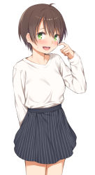 Rule 34 | 1girl, arm behind back, blue skirt, blush, breasts, brown hair, cowboy shot, embarrassed, finger to face, green eyes, hair between eyes, hand up, highres, long sleeves, looking at viewer, mikazuchi zeus, new game!, open mouth, shinoda hajime, shirt, shirt tucked in, short hair, simple background, skirt, solo, standing, striped clothes, striped skirt, sweatdrop, vertical-striped clothes, vertical-striped skirt, white background, white shirt
