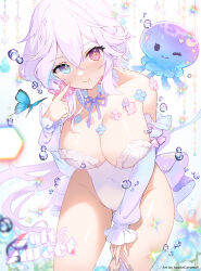 Rule 34 | 1girl, absurdres, apple caramel, artist name, blue eyes, blue flower, blush, breasts, closed mouth, commission, crescent, flower, heterochromia, highres, jellyfish, large breasts, leotard, long hair, long sleeves, looking at viewer, mole, mole under mouth, original, pink flower, pixiv commission, purple flower, red eyes, smile, solo, star (symbol), white hair, white leotard