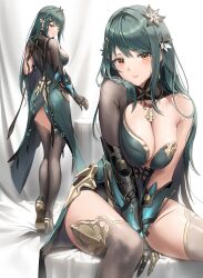 Rule 34 | 1girl, black hair, black thighhighs, breasts, clawed gauntlets, cleavage, dress, flower, green dress, hair down, hair flower, hair ornament, hanying (punishing: gray raven), high heels, highres, jewelry, large breasts, long hair, looking at viewer, mole, mole under eye, multiple views, necklace, orange eyes, parted lips, punishing: gray raven, shoes, silence girl, smile, solo, thighhighs
