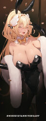 Rule 34 | 1girl, absurdres, animal ears, anniversary, bare shoulders, black gloves, black leotard, black pantyhose, blonde hair, bow, bowtie, breasts, cleavage, commentary, contrapposto, detached collar, english commentary, fake animal ears, fang, fur-trimmed shawl, fur trim, gloves, goddess of victory: nikke, hair between eyes, hair intakes, hair ornament, hand up, highleg, highleg leotard, highres, huge breasts, leotard, looking at viewer, open mouth, pantyhose, playboy bunny, rabbit ears, rupee (nikke), shawl, skin fang, smile, solo, strapless, strapless leotard, terupancake, v, white shawl, yellow bow, yellow bowtie, yellow eyes