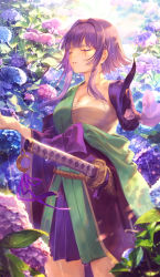 Rule 34 | 1girl, absurdres, amputee, bandages, blind, blonde hair, blue flower, collarbone, dripping, closed eyes, flower, guilt, highres, huge filesize, hydrangea, japanese clothes, katana, long hair, mashuu (neko no oyashiro), original, outdoors, parted lips, pink flower, rain, scabbard, scar, scar across eye, scar on face, sheath, sheathed, solo, sword, weapon, wet