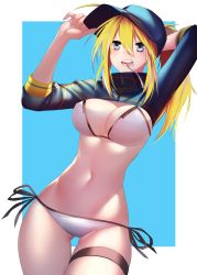 Rule 34 | 1girl, adjusting clothes, adjusting headwear, angry, artoria pendragon (fate), baseball cap, bikini, blonde hair, blue eyes, blue hat, blue jacket, breasts, covered erect nipples, cropped jacket, dutch angle, fate/grand order, fate (series), frown, hair between eyes, hat, highres, jacket, large breasts, long hair, long sleeves, mouth hold, mysterious heroine x (fate), mysterious heroine xx (fate), narrow waist, navel, ponytail, rahato, shrug (clothing), side-tie bikini bottom, sidelocks, solo, spoon, swimsuit, thigh strap, white bikini, zipper