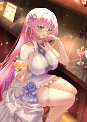 Rule 34 | 1girl, absurdres, bar (place), bare legs, bare shoulders, blue eyes, bracelet, breasts, bridal garter, cherry, cup, dress, drinking glass, earrings, elf, elysia (honkai impact), flower, food, fruit, hair between eyes, hair flower, hair ornament, hand on own cheek, hand on own face, highres, holding, holding cup, honkai (series), honkai impact 3rd, jewelry, large breasts, long hair, looking at viewer, menu board, necklace, pink hair, pink pupils, pointy ears, sitting, sleeveless, sleeveless dress, smile, solo, very long hair, white dress, wine glass, zhihe box
