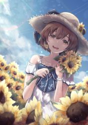 Rule 34 | 1girl, absurdres, anchor print, aruka, bare shoulders, blue sky, blush, bracelet, brown eyes, brown hair, cloud, commentary request, day, dress, field, flower, flower field, hat, hat flower, highres, holding, holding flower, huge filesize, jewelry, kantai collection, looking at viewer, open mouth, outdoors, short hair, sky, smile, solo, speaking tube headset, standing, straw hat, sun hat, sunflower, sunflower field, watch, wristwatch, yukikaze (kancolle)