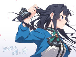 Rule 34 | 1girl, ascot, black hair, blue eyes, blue jacket, blush, brooch, buttons, commentary, dated, frills, gradient background, green neckwear, hair ribbon, hair spread out, holding, holding own hair, idolmaster, idolmaster million live!, idolmaster million live! theater days, jacket, jewelry, long hair, looking afar, mogami shizuka, necktie, petals, ribbon, sanada (tony2035176), serious, shirt, simple background, solo, white shirt