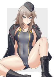 Rule 34 | 1girl, blue eyes, boots, collarbone, competition swimsuit, covered navel, cross-laced footwear, full body, garrison cap, girls und panzer, grey background, grey hair, grey one-piece swimsuit, hat, itsumi erika, jacket, jacket on shoulders, kuromorimine military uniform, lace-up boots, looking at viewer, medium hair, mikoyan, one-piece swimsuit, sitting, solo, spread legs, swimsuit, swimsuit under clothes, two-tone background