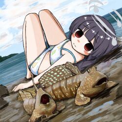 Rule 34 | 1girl, animal, beach, bikini, black hair, blue archive, blunt bangs, braid, bubbacterial, closed mouth, cloud, day, flat chest, halo, highres, long hair, looking at viewer, lying, miyu (blue archive), miyu (swimsuit) (blue archive), mudskipper, ocean, on back, open mouth, outdoors, red eyes, sky, swimsuit