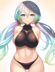 Rule 34 | 1girl, arms behind back, bare shoulders, bikini, black bikini, breasts, closed mouth, commentary request, covered collarbone, cowboy shot, cupitan (granblue fantasy), cupitan (summer) (granblue fantasy), curvy, floating hair, gradient hair, granblue fantasy, green eyes, groin, hair between eyes, hair ornament, highres, large breasts, long hair, looking at viewer, low twintails, luupechi, midriff, multicolored eyes, multicolored hair, navel, rainbow hair, sideboob, sidelocks, smile, solo, standing, swimsuit, taut clothes, taut swimsuit, thong, thong bikini, twintails, white background, wide hips
