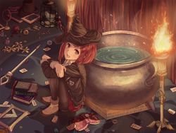 Rule 34 | 1girl, :d, ankle boots, bird, birdcage, black hat, black jacket, black pantyhose, blazer, blush stickers, book, book stack, boots, bottle, brown footwear, cage, card, cauldron, cup, curtains, danganronpa (series), danganronpa v3: killing harmony, emblem, eraser, fire, flower, full body, hat, highres, indoors, jacket, knees to chest, knees up, light particles, liquid, long sleeves, looking at viewer, looking to the side, marble (toy), miniskirt, on floor, open book, open clothes, open jacket, open mouth, pantyhose, picture frame, playing card, red eyes, red hair, red skirt, roki (0214278), rose, round teeth, short hair, sitting, skirt, smile, solo, staff, steam, teeth, thighband pantyhose, top hat, torch, unbuttoned, witch hat, yumeno himiko
