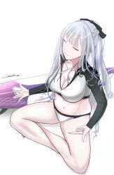 Rule 34 | 1girl, absurdres, ak-12 (age of slushies) (girls&#039; frontline), ak-12 (girls&#039; frontline), artist name, braid, breasts, cleavage, closed eyes, collarbone, commentary, french braid, full body, gincho, girls&#039; frontline, grey hair, hair ribbon, highres, long hair, long sleeves, medium breasts, navel, official alternate costume, on floor, one-piece swimsuit, open mouth, ponytail, ribbon, sitting, smile, solo, swimsuit, thighs, white background, white one-piece swimsuit