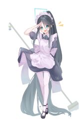 Rule 34 | 1girl, absurdly long hair, absurdres, apron, aris (blue archive), aris (maid) (blue archive), black dress, black hair, blue archive, blue eyes, blush, bright pupils, broom, dated, dress, frilled apron, frills, full body, green halo, halo, highres, long hair, looking at viewer, maid, maid apron, maid headdress, official alternate costume, open mouth, short sleeves, signature, smile, solo, tachibana shiori (suica 112), very long hair, white apron, white pupils