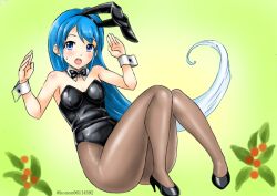 Rule 34 | 1girl, alternate costume, black leotard, blue eyes, blue hair, brown pantyhose, commentary request, full body, gradient hair, green background, kantai collection, kudou (ooabareteng), legs, leotard, long hair, multicolored hair, one-hour drawing challenge, pantyhose, samidare (kancolle), sitting, solo, strapless, strapless leotard, swept bangs, twitter username, very long hair
