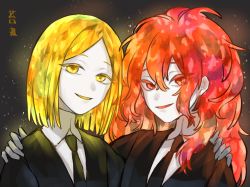 Rule 34 | 2others, absurdres, androgynous, bad id, bad pixiv id, blonde hair, colored eyelashes, colored skin, eyes visible through hair, gem uniform (houseki no kuni), hand on another&#039;s shoulder, highres, houseki no kuni, kokemaru (12tama02), long hair, looking at viewer, multiple others, necktie, padparadscha (houseki no kuni), red eyes, red hair, short hair, smile, upper body, wavy hair, white skin, yellow diamond (houseki no kuni), yellow eyes