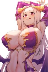 Rule 34 | 1girl, armpits, arms up, bare shoulders, blush, breasts, center opening, cleavage, demon horns, demon wings, detached sleeves, fate/grand order, fate (series), gold trim, highleg, highleg leotard, highres, hiyayaako, horns, irisviel von einzbern, irisviel von einzbern (halloween princess), large breasts, leotard, long hair, looking at viewer, navel, parted bangs, purple leotard, red eyes, smile, solo, tongue, tongue out, white hair, wings