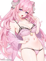 Rule 34 | 1girl, animal ears, armpit crease, bare shoulders, bra, breasts, cameltoe, cleavage, cleft of venus, cowboy shot, curled horns, double bun, fangs, frilled bra, frills, hair bun, hand up, highres, horns, indie virtual youtuber, jacket, large breasts, lingerie, long hair, long sleeves, looking at viewer, machi (7769), navel, off shoulder, open clothes, open jacket, open mouth, panties, pink bra, pink hair, pink jacket, pink panties, purple eyes, sheep ears, sheep horns, skindentation, solo, stomach, strap gap, string bra, string panties, tassel, thighs, tongue, tongue out, underwear, v, very long hair, virtual youtuber, yan hua (vtuber)
