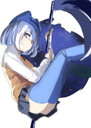 Rule 34 | 1girl, ass, athena (campione!), blue hair, blue thighhighs, campione!, eyebrows hidden by hair, female focus, from side, grey eyes, hat, highres, holding, holding sickle, holding weapon, looking at viewer, manno (kanpi2100), ribbon, school uniform, shirt, short hair, sickle, silver hair, solo, thighhighs, vest, weapon