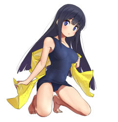 Rule 34 | 1girl, barefoot, black hair, blue eyes, blue one-piece swimsuit, full body, furuyama itaru, kneeling, long hair, looking at viewer, one-piece swimsuit, original, school swimsuit, simple background, solo, squatting, swimsuit, white background, yellow towel