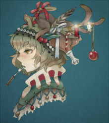 Rule 34 | androgynous, antlers, aqua background, bell, candle, candy, candy cane, christmas, christmas ornaments, feathers, food, fork, gender request, holly, horns, jingle bell, kaco, mouth hold, original, profile, reindeer antlers, simple background, solo, turkey (food), upper body, yellow eyes