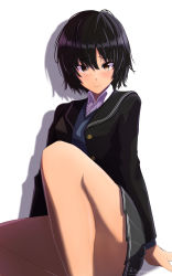 Rule 34 | 1girl, absurdres, amagami, black hair, breasts, closed mouth, commentary request, highres, jacket, kibito high school uniform, long sleeves, looking at viewer, medium breasts, mitojyaneeeeyo, nanasaki ai, school uniform, short hair, simple background, sitting, skirt, smile, solo