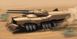Rule 34 | absurdres, artist name, commission, desert, dust, highres, hozumi sousei, military, military vehicle, motion blur, motor vehicle, no humans, original, sand, science fiction, skeb commission, solo, tank, tank turret, vehicle focus