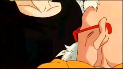 Rule 34 | 1boy, 1girl, age difference, android 18, animated, animated gif, bald, beard, between breasts, breasts, dragon ball, dragonball z, face between breasts, facial hair, head between breasts, head out of frame, muten roushi, old, old man, perverted, standing, sunglasses, view between breasts