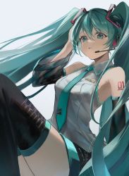 Rule 34 | 1girl, bare shoulders, green eyes, green hair, hatsune miku, highres, looking at viewer, microphone, necktie, parted lips, solo, thighhighs, twintails, vocaloid, yukihira makoto