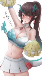 Rule 34 | alternate costume, arknights, arm up, armpits, bare shoulders, blue archive, blue hair, blush, breasts, brown hair, cheerleader, cleavage, collarbone, commentary, cosplay, dragon girl, dragon horns, dragon tail, dusk (arknights), english commentary, flying sweatdrops, highres, horns, long hair, medium breasts, millennium cheerleader outfit (blue archive), multicolored hair, namikare, navel, parted lips, pleated skirt, pointy ears, pom pom (cheerleading), ponytail, red eyes, simple background, skirt, streaked hair, sweat, tail, tears, trembling, very long hair, wavy mouth, white background, white skirt