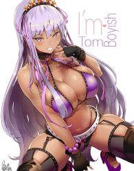 Rule 34 | 1girl, bb (fate), bb (fate) (all), bb (swimsuit mooncancer) (fate), bb (swimsuit mooncancer) (second ascension) (fate), bikini, blush, breasts, cleavage, earrings, english text, fate/grand order, fate (series), fingerless gloves, fingernails, gloves, gyaru, high heels, highres, huge breasts, jewelry, long hair, looking at viewer, micro shorts, nail polish, navel, purple bikini, purple eyes, purple hair, shiny skin, short shorts, shorts, skindentation, smile, solo, squatting, star (symbol), star earrings, swimsuit, tan, uo denim, very long hair