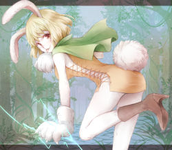 Rule 34 | 0aoiurn0, 1girl, :p, animal ears, animal hands, blonde hair, body fur, boots, brown eyes, brown footwear, cape, carrot (one piece), electricity, forest, furry, furry female, gloves, green cape, high heel boots, high heels, letterboxed, looking at viewer, nature, one piece, paw gloves, rabbit ears, rabbit girl, rabbit tail, short hair, solo, tail, tongue, tongue out, tree, white gloves