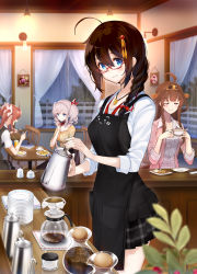 Rule 34 | 4girls, ahoge, amami amayu, apron, bandana, bespectacled, black apron, black skirt, blue eyes, blunt bangs, blush, bow, braid, breasts, brown hair, cafe, casual, ceiling light, chair, cleavage, closed eyes, closed mouth, coffee, coffee cup, coffee maker, coffee pot, cup, curtains, disposable cup, drill hair, drink, drinking glass, fork, glasses, hair between eyes, hair bow, hair ornament, hair ribbon, headgear, holding, holding fork, indoors, jacket, jewelry, kagerou (kancolle), kantai collection, kashima (kancolle), kongou (kancolle), large breasts, miniskirt, multiple girls, necklace, on chair, open clothes, open jacket, pendant, pink jacket, plaid, plaid skirt, plant, plate, pleated skirt, rain, red-framed eyewear, red bandana, red hair, red neckwear, red ribbon, remodel (kantai collection), ribbon, saucer, semi-rimless eyewear, shigure (kancolle), shirt, short sleeves, sidelocks, silver hair, single braid, sitting, skirt, smile, striped clothes, striped shirt, sugar cube, table, twintails, two-handed, under-rim eyewear, vertical-striped clothes, vertical-striped shirt, white bow, white shirt, window, yellow shirt