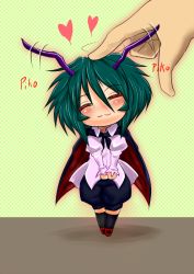 1girl antennae cape chibi closed_eyes female_focus green_hair happy headpat heart madara_inosuke mini_person minigirl shadow solo_focus touhou wriggle_nightbug