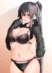 Rule 34 | 1girl, alternate costume, black bra, black hair, black panties, black sweater, bra, breasts, cleavage, commentary request, hair ribbon, highres, kantai collection, large breasts, long hair, panties, ponytail, red eyes, ribbon, sidelocks, sleeves past wrists, solo, sweater, underwear, white ribbon, yahagi (kancolle), z (knkr1025)