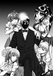 Rule 34 | 1boy, 4girls, armchair, atago (warship girls r), bad id, bad pixiv id, bare shoulders, bow, bowtie, breasts, chair, choukai (warship girls r), cleavage, cleavage cutout, clothing cutout, crossed legs, dated, detached sleeves, faceless, faceless male, finger to mouth, formal, greyscale, hand on another&#039;s head, hand on another&#039;s shoulder, long hair, looking at viewer, maya (warship girls r), medium breasts, miniskirt, monochrome, multiple girls, parted lips, ponytail, sitting, skirt, smie, smile, suit, takao (warship girls r), twintails, very long hair, warship girls r, xiexilai