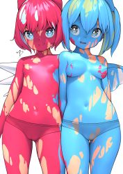 Rule 34 | 2girls, bare shoulders, blue bow, blue eyes, blue hair, blush, bodypaint, bow, breasts, bright pupils, cameltoe, cirno, commentary request, contrapposto, daiyousei, eyebrows hidden by hair, fairy wings, flat chest, from below, gluteal fold, green hair, hair bow, highres, huxiao (mistlakefront), ice, ice wings, looking at viewer, looking to the side, multiple girls, navel, nipples, one side up, open mouth, short hair, simple background, small breasts, smile, stomach, thighs, topless, touhou, underwear, underwear only, wam, white background, white pupils, wings, yellow bow