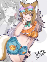 1girl :d alternate_costume animal_ear_fluff animal_ears belly bikini blood bloody_weapon bow breasts brown_hair choker denim extra_ears eyewear_on_head glasses green_choker hand_on_own_face highres holding holding_knife holding_weapon italian_wolf_(kemono_friends) jeans kemono_friends kiryu_(rnrwbhybsxj4qgk) knife long_hair multicolored_hair navel one_eye_closed open_mouth orange_bikini orange_eyes pants paw_print signature smile solo star_(symbol) streaked_hair swimsuit tail thighs torn_clothes torn_jeans torn_pants underwear weapon wolf_ears wolf_girl wolf_tail