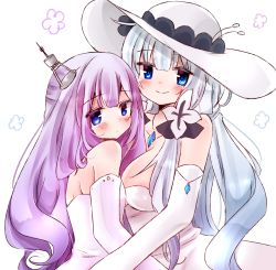 Rule 34 | 2girls, azur lane, bare shoulders, blue eyes, blush, body blush, breasts, cleavage, closed mouth, collarbone, diamond (shape), dot nose, dress, elbow gloves, eyebrows, facing another, flower, gem, gloves, hair between eyes, hair flower, hair ornament, hat, highres, illustrious (azur lane), jewelry, large breasts, long hair, looking at viewer, multiple girls, necklace, purple hair, shimashiro itsuki, silver hair, simple background, small breasts, smile, sparkle, strapless, strapless dress, sun hat, tareme, unicorn (azur lane), very long hair, white background, white dress, white gloves, white hat
