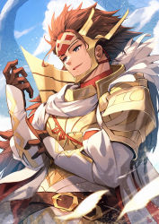 Rule 34 | 1boy, armor, belt, blouse, blue sky, brown gloves, brown hair, feathers, fire emblem, fire emblem fates, fire emblem heroes, gloves, grey eyes, highres, japanese armor, long coat, long hair, mask, nakabayashi zun, nintendo, official alternate costume, outdoors, pants, red shirt, ryoma (fire emblem), shirt, shoulder armor, sky, smile, solo, spiked hair, very long hair, white pants