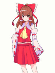 Rule 34 | 1girl, ascot, blush, bow, brown hair, detached sleeves, feet out of frame, fufuyomumusu, grey background, hair bow, hair tubes, hakurei reimu, highres, long hair, looking at viewer, red bow, red skirt, ribbon-trimmed sleeves, ribbon trim, skirt, solo, standing, touhou, wide sleeves