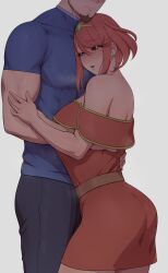 Rule 34 | 1boy, 1girl, ass, bare shoulders, beard, blue shirt, blush, dress, earrings, facial hair, grey background, highres, jewelry, lvl (sentrythe2310), muscular, muscular male, off shoulder, open mouth, pyra (xenoblade), red dress, red eyes, red hair, rex (xenoblade), shirt, short hair, short sleeves, simple background, smile, solo focus, xenoblade chronicles (series), xenoblade chronicles 3
