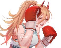 Rule 34 | 1girl, blonde hair, boxing gloves, chainsaw man, cross-shaped pupils, facebook logo, fangs, grey sports bra, high ponytail, highres, horns, ko-fi logo, long hair, looking to the side, parted lips, patreon logo, power (chainsaw man), red horns, simple background, smile, solo, sports bra, sweat, symbol-shaped pupils, taestymaee, twitter logo, white background, yellow eyes