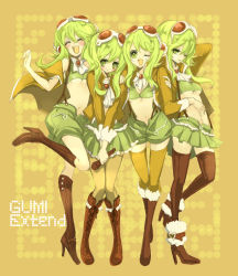 Rule 34 | 4girls, boots, breasts, clone, frilled skirt, frills, goggles, goggles on head, green eyes, green hair, green skirt, gumi, gumi (v3 megpoid), headphones, jacket, manbou no ane, microphone, microskirt, midriff, miniskirt, multiple girls, navel, one eye closed, open mouth, pantyhose, pleated skirt, short hair, shorts, skirt, small breasts, smile, socks, suspender skirt, suspenders, thighhighs, underboob, vocaloid, wink, yellow legwear, zettai ryouiki