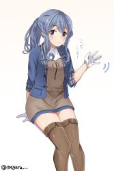 Rule 34 | 1girl, alternate costume, blue eyes, blue hair, blue jacket, boots, brown footwear, gloves, gotland (kancolle), half gloves, jacket, kantai collection, long hair, looking at viewer, meguru (megurunn), mole, mole under eye, ponytail, simple background, sitting, smile, solo, thigh boots, thighhighs, white background, white gloves