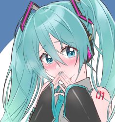 Rule 34 | 1girl, aqua eyes, aqua hair, aqua nails, aqua necktie, bare shoulders, black sleeves, blush, commentary, covering own mouth, detached sleeves, grey shirt, hair ornament, hatsune miku, headphones, long hair, looking at viewer, nail polish, necktie, portrait, shirt, shoulder tattoo, sleeveless, sleeveless shirt, sleeves past wrists, solo, steepled fingers, supo01, tattoo, twintails, very long hair, vocaloid