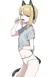 Rule 34 | 1girl, animal ear headphones, animal ears, bad id, bad twitter id, blonde hair, blue archive, brushing teeth, cat ear headphones, cat tail, clothes lift, commentary request, fake animal ears, fake tail, flat chest, from side, green eyes, grey shirt, headphones, highres, lifted by self, looking at viewer, medium hair, midori (blue archive), navel, no pants, panties, parted bangs, scratching stomach, shirt, shirt lift, sidelocks, simple background, solo, standing, stomach, t-shirt, tail, toothbrush, underwear, urec, white background, white panties