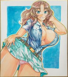 Rule 34 | 1girl, absurdres, aoshidan school uniform, areola slip, belt, blue background, blue eyes, blue shirt, border, breasts, brown hair, cleavage, collared shirt, commentary, commission, dark-skinned female, dark skin, el (girls und panzer), girls und panzer, gluteal fold, green skirt, grin, hand in own hair, hand on own hip, highres, large areolae, large breasts, long hair, looking at viewer, nabeyu, outline, panties, pink panties, pixiv commission, raised eyebrows, school uniform, shirt, simple background, skirt, smile, suspenders, underwear, white border